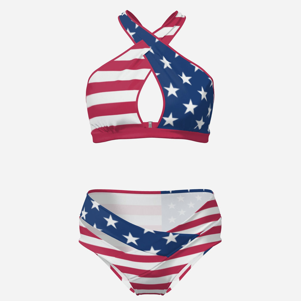 Patriotic USA Flag Design All-Over Print Women's Cross Body Swimsuit Set-Milk Silk 180 GSM