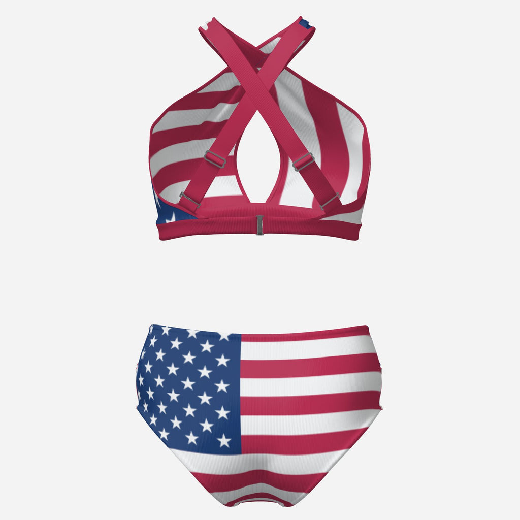 Patriotic USA Flag Design All-Over Print Women's Cross Body Swimsuit Set-Milk Silk 180 GSM
