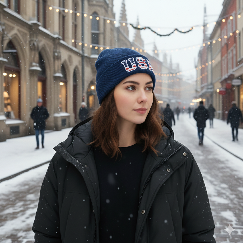 Womens Blue USA Beanie Hat